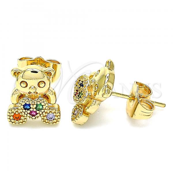 Oro Laminado Stud Earring, Gold Filled Style Teddy Bear Design, with Multicolor Micro Pave, Polished, Golden Finish, 02.210.0403.1