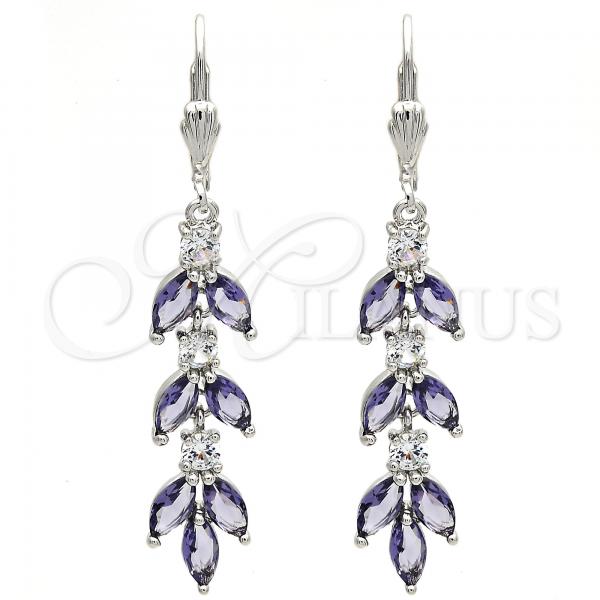 Rhodium Plated Long Earring, Leaf Design, with Amethyst and White Cubic Zirconia, Polished, Rhodium Finish, 02.205.0012.10