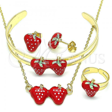 Oro Laminado Necklace, Bracelet, Earring and Ring, Gold Filled Style Strawberry Design, Red Enamel Finish, Two Tone, 06.361.0026