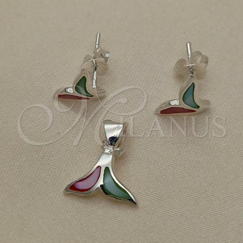Sterling Silver Earring and Pendant Adult Set, Fish Design, with Multicolor Mother of Pearl, Polished, Silver Finish, 10.399.0009