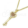 Oro Laminado Pendant Necklace, Gold Filled Style key and Heart Design, with Garnet Micro Pave, Polished, Golden Finish, 04.344.0013.1.20