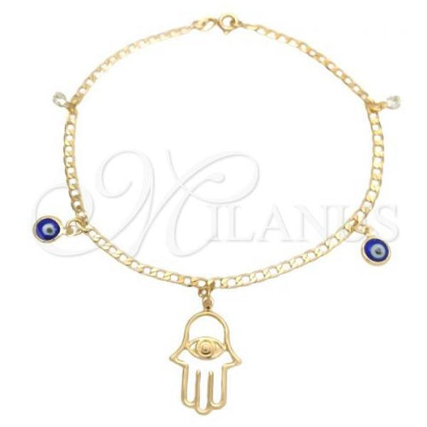 Oro Laminado Charm Anklet , Gold Filled Style Hand of God and Evil Eye Design, with White Cubic Zirconia, Polished, Golden Finish, 03.58.0057.10