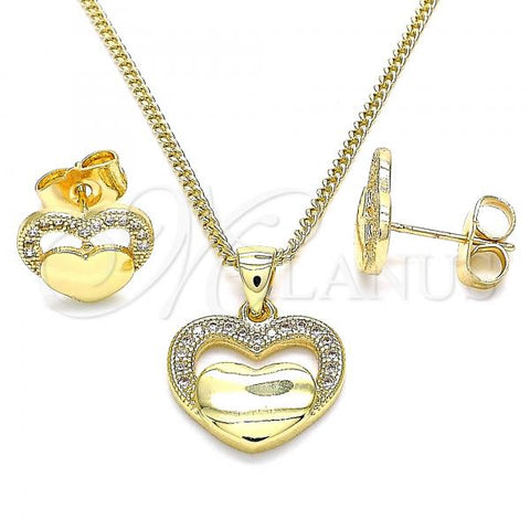 Oro Laminado Earring and Pendant Adult Set, Gold Filled Style Heart Design, with White Micro Pave, Polished, Golden Finish, 10.156.0279