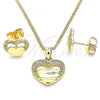 Oro Laminado Earring and Pendant Adult Set, Gold Filled Style Heart Design, with White Micro Pave, Polished, Golden Finish, 10.156.0279