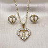 Oro Laminado Earring and Pendant Adult Set, Gold Filled Style Heart and San Judas Design, with White Cubic Zirconia, Polished, Golden Finish, 10.411.0011