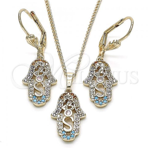 Oro Laminado Earring and Pendant Adult Set, Gold Filled Style Hand of God Design, with Multicolor Cubic Zirconia, Polished, Golden Finish, 10.210.0118.1
