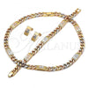 Oro Laminado Necklace, Bracelet and Earring, Gold Filled Style Miami Cuban and Flower Design, Polished, Tricolor, 06.92.0001