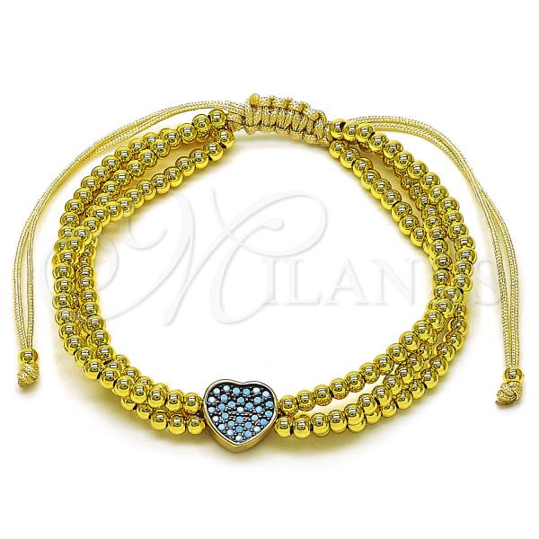 Oro Laminado Adjustable Bolo Bracelet, Gold Filled Style Heart and Ball Design, with Turquoise Cubic Zirconia, Polished, Two Tone, 03.341.0234.11