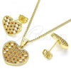 Oro Laminado Earring and Pendant Adult Set, Gold Filled Style Heart Design, with Garnet Micro Pave, Polished, Golden Finish, 10.156.0274.2