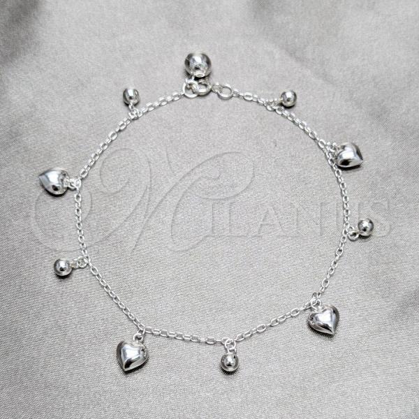 Sterling Silver Fancy Anklet, Heart and Ball Design, Polished, Silver Finish, 03.409.0150.10