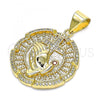 Oro Laminado Religious Pendant, Gold Filled Style Praying Hands and Cross Design, with White Micro Pave and Garnet Cubic Zirconia, Polished, Golden Finish, 05.342.0055