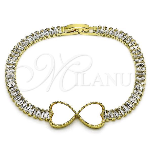 Oro Laminado Fancy Bracelet, Gold Filled Style Heart and Baguette Design, with Ivory Mother of Pearl and White Cubic Zirconia, Polished, Golden Finish, 03.284.0050.2.07