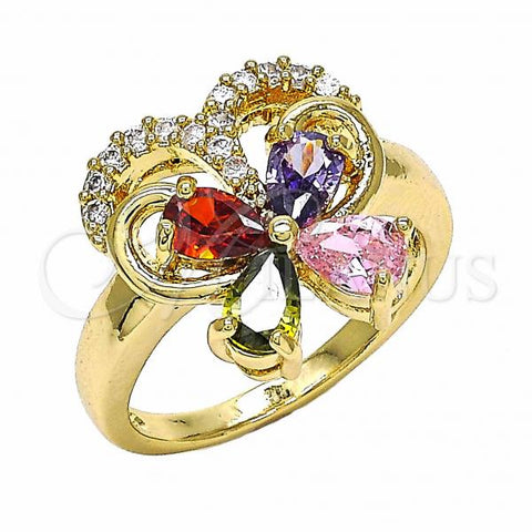 Oro Laminado Multi Stone Ring, Gold Filled Style Butterfly Design, with Multicolor Cubic Zirconia, Polished, Golden Finish, 01.283.0012.1.08 (Size 8)