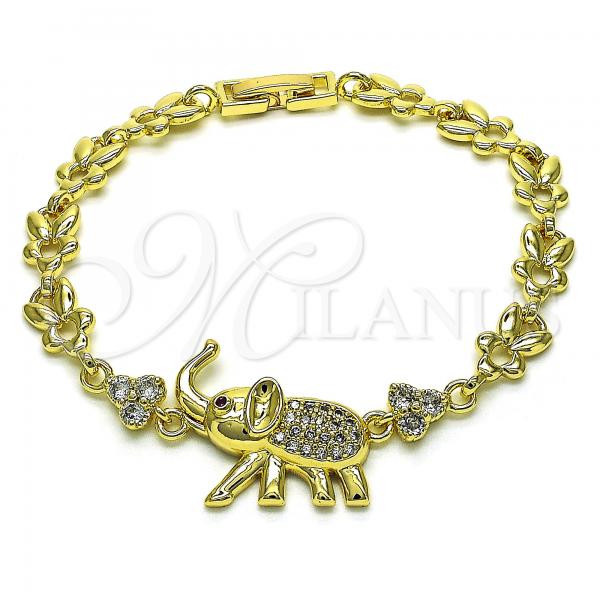 Oro Laminado Fancy Bracelet, Gold Filled Style Elephant and Leaf Design, with White and Ruby Micro Pave, Polished, Golden Finish, 03.284.0025.07