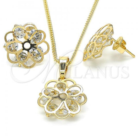 Oro Laminado Earring and Pendant Adult Set, Gold Filled Style Flower Design, with White Cubic Zirconia, Polished, Golden Finish, 10.106.0021