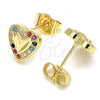 Oro Laminado Stud Earring, Gold Filled Style Heart Design, with Multicolor Micro Pave, Polished, Golden Finish, 02.233.0048.2