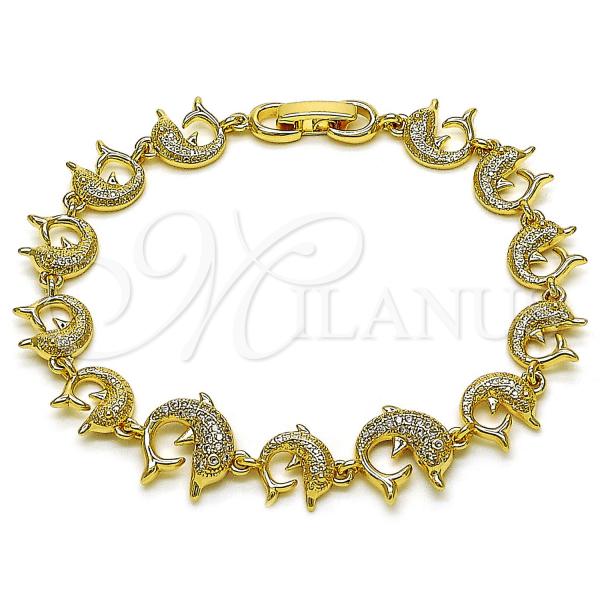 Oro Laminado Fancy Bracelet, Gold Filled Style Dolphin Design, with White Micro Pave, Polished, Golden Finish, 03.283.0424.07