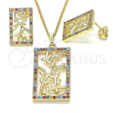 Oro Laminado Earring and Pendant Adult Set, Gold Filled Style Leaf Design, with Multicolor Cubic Zirconia, Polished, Golden Finish, 10.233.0039.1