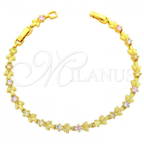 Oro Laminado Fancy Bracelet, Gold Filled Style Leaf Design, with Multicolor Cubic Zirconia, Polished, Golden Finish, 03.60.0024