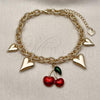 Oro Laminado Charm Bracelet, Gold Filled Style Cherry and Heart Design, Red Enamel Finish, Golden Finish, 03.282.0005.07