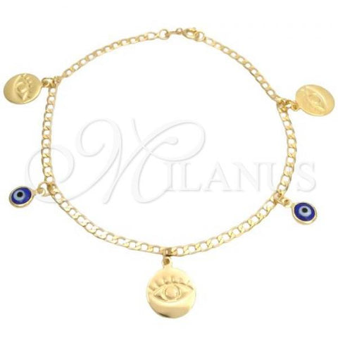 Oro Laminado Charm Anklet , Gold Filled Style Evil Eye and Concave Cuban Design, Polished, Golden Finish, 03.58.0058.10
