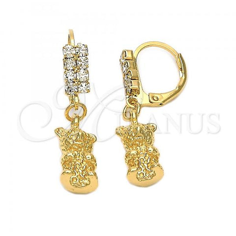 Oro Laminado Dangle Earring, Gold Filled Style Teddy Bear Design, with White Cubic Zirconia, Diamond Cutting Finish, Golden Finish, 5.123.020