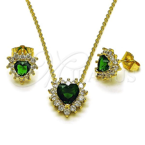 Oro Laminado Earring and Pendant Adult Set, Gold Filled Style Heart and Cluster Design, with Green and White Cubic Zirconia, Polished, Golden Finish, 10.156.0516