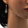 Oro Laminado Dangle Earring, Gold Filled Style Teardrop Design, with White Crystal, Diamond Cutting Finish, Golden Finish, 73.012