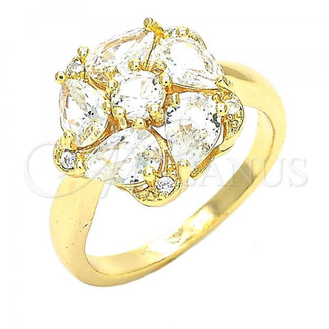 Oro Laminado Multi Stone Ring, Gold Filled Style Flower and Teardrop Design, with White Cubic Zirconia, Polished, Golden Finish, 01.221.0009.08 (Size 8)
