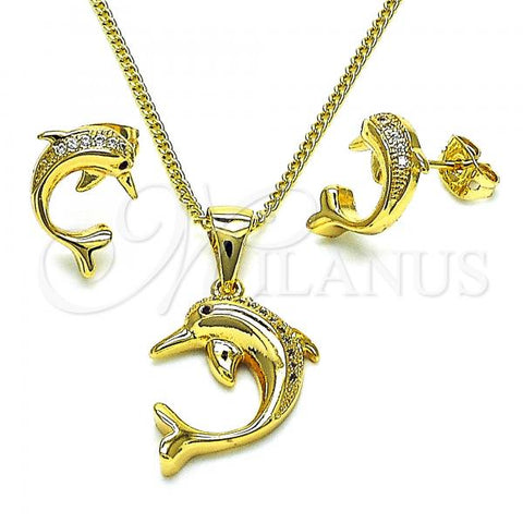 Oro Laminado Earring and Pendant Adult Set, Gold Filled Style Dolphin Design, with White and Ruby Micro Pave, Polished, Golden Finish, 10.342.0115