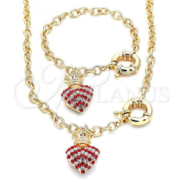 Oro Laminado Necklace and Bracelet, Gold Filled Style Heart and Crown Design, with Garnet and White Crystal, Polished, Golden Finish, 06.63.0251.1