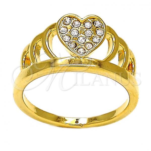 Oro Laminado Multi Stone Ring, Gold Filled Style Crown and Heart Design, with White Crystal, Polished, Golden Finish, 01.118.0061.07 (Size 7)