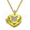 Oro Laminado Locket Pendant, Gold Filled Style Heart and Butterfly Design, with White Micro Pave, Polished, Golden Finish, 05.341.0079