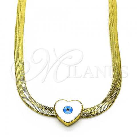 Oro Laminado Fancy Necklace, Gold Filled Style Heart and Evil Eye Design, White Enamel Finish, Golden Finish, 04.341.0099.18