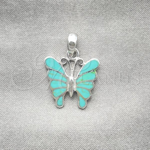 Sterling Silver Fancy Pendant, Butterfly Design, with Light Turquoise Opal, Polished, Silver Finish, 05.410.0001.2