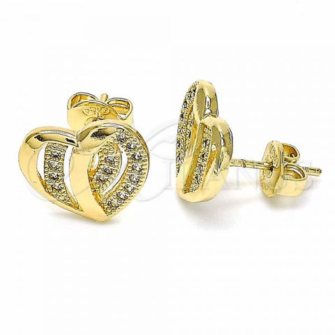 Oro Laminado Stud Earring, Gold Filled Style Heart Design, with White Micro Pave, Polished, Golden Finish, 02.94.0107