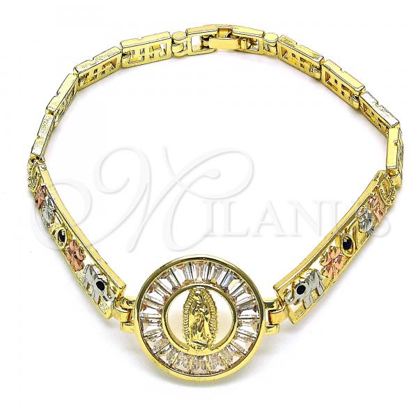 Oro Laminado Fancy Bracelet, Gold Filled Style Guadalupe and Elephant Design, with White and Black Cubic Zirconia, Polished, Tricolor, 03.380.0102.1.07