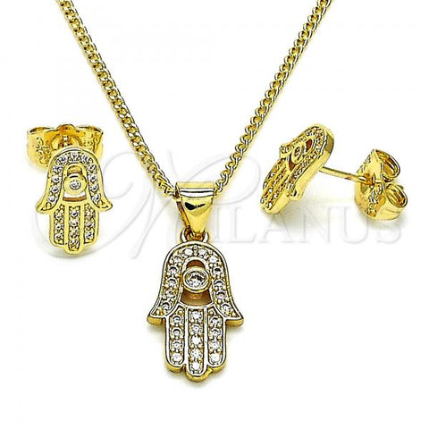 Oro Laminado Earring and Pendant Adult Set, Gold Filled Style Hand of God Design, with White Micro Pave and White Cubic Zirconia, Polished, Golden Finish, 10.156.0438