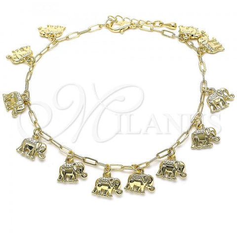 Oro Laminado Charm Anklet , Gold Filled Style Elephant and Paperclip Design, Polished, Golden Finish, 03.372.0018.10