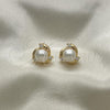 Oro Laminado Stud Earring, Gold Filled Style with Ivory Pearl and White Cubic Zirconia, Polished, Golden Finish, 02.342.0149