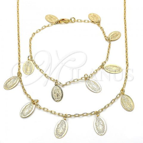 Oro Laminado Necklace and Bracelet, Gold Filled Style Guadalupe Design, Polished, Golden Finish, 06.63.0209