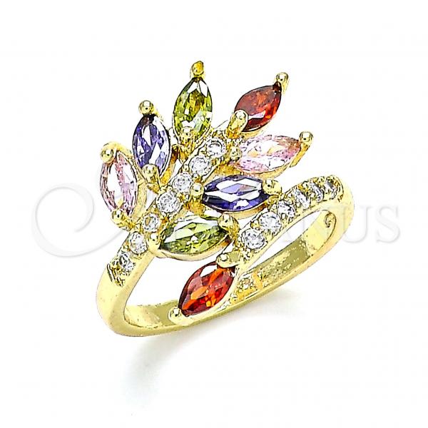 Oro Laminado Multi Stone Ring, Gold Filled Style Leaf Design, with Multicolor Cubic Zirconia and White Micro Pave, Polished, Golden Finish, 01.210.0140.08