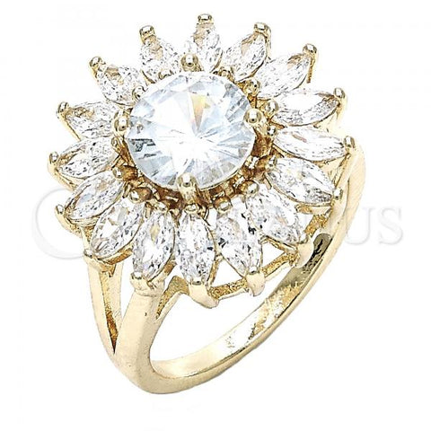 Oro Laminado Multi Stone Ring, Gold Filled Style Flower Design, with White Cubic Zirconia, Polished, Golden Finish, 01.210.0106.08 (Size 8)