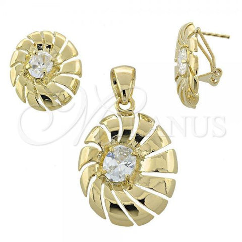 Oro Laminado Earring and Pendant Adult Set, Gold Filled Style with White Cubic Zirconia, Polished, Golden Finish, 5.046.004.3