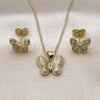 Oro Laminado Earring and Pendant Adult Set, Gold Filled Style Butterfly and Rolo Design, with White Micro Pave, Diamond Cutting Finish, Golden Finish, 10.156.0513
