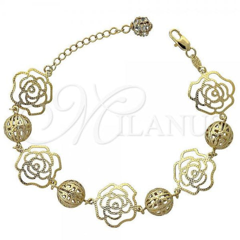 Oro Laminado Charm Bracelet, Gold Filled Style Flower Design, with White Cubic Zirconia, Diamond Cutting Finish, Golden Finish, 5.017.007