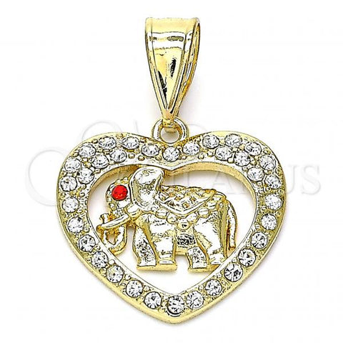 Oro Laminado Fancy Pendant, Gold Filled Style Elephant and Heart Design, with White and Garnet Crystal, Polished, Golden Finish, 05.253.0114