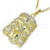 Oro Laminado Religious Pendant, Gold Filled Style Jesus Design, with White Crystal, Golden Finish, 5.187.002