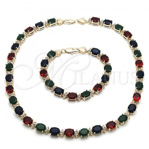 Oro Laminado Necklace and Bracelet, Gold Filled Style Heart Design, with Multicolor Cubic Zirconia, Polished, Golden Finish, 06.284.0006.4