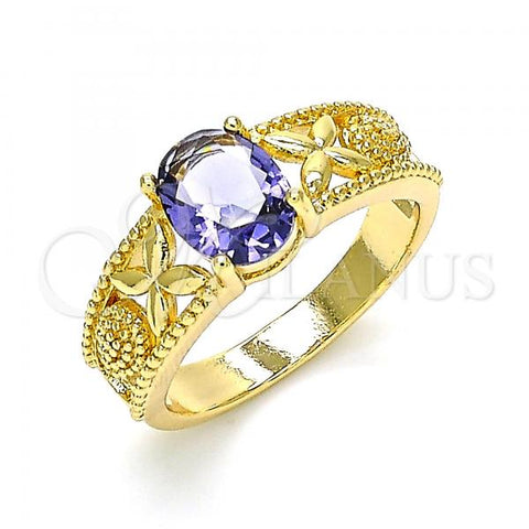 Oro Laminado Multi Stone Ring, Gold Filled Style Butterfly and Teardrop Design, with Amethyst Cubic Zirconia, Polished, Golden Finish, 01.284.0041.1.08